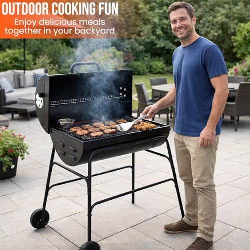 Portable Charcoal BBQ Grill & Smoker – Oil Drum Barrel Barbecue with Wheels