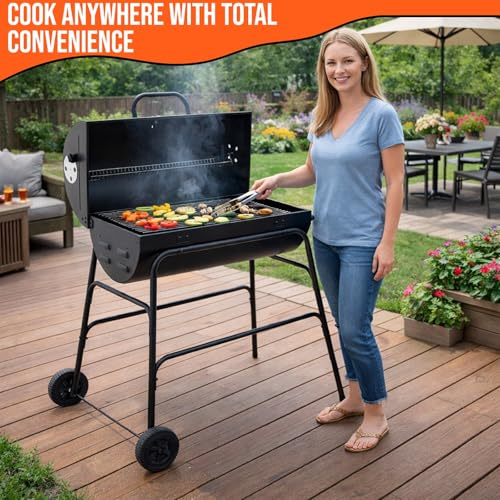 Portable Charcoal BBQ Grill & Smoker – Oil Drum Barrel Barbecue with Wheels