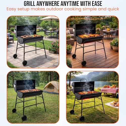Portable Charcoal BBQ Grill & Smoker – Oil Drum Barrel Barbecue with Wheels