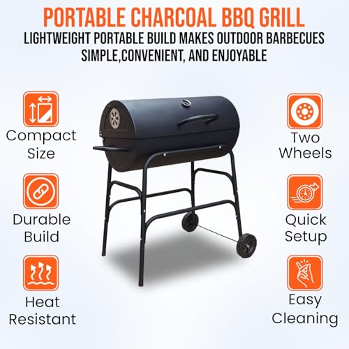 Portable Charcoal BBQ Grill & Smoker – Oil Drum Barrel Barbecue with Wheels